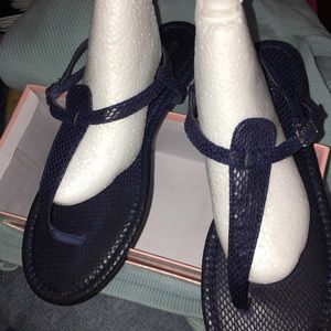 navy faux snakeskin t-strap sandals